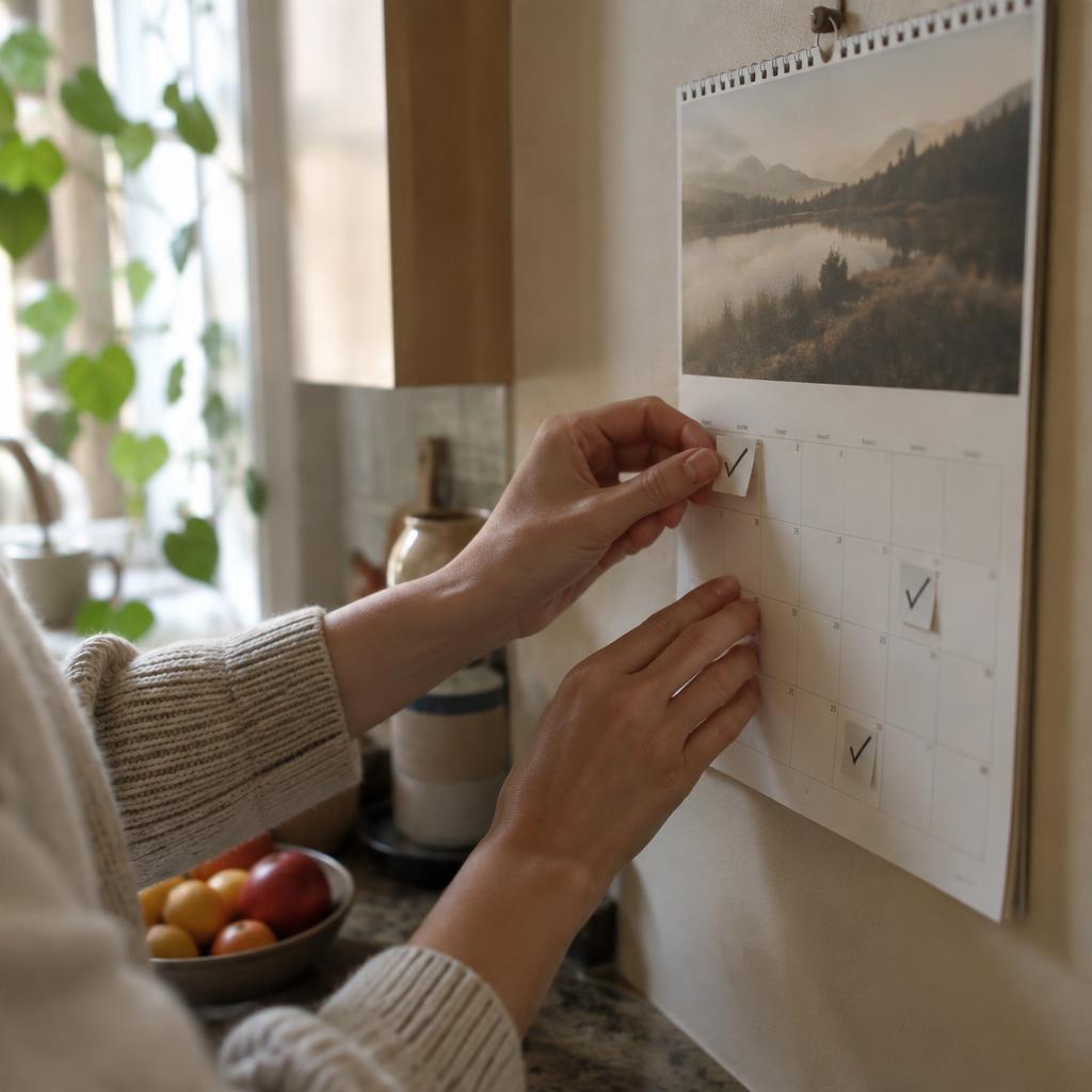 Hænder sætter et lille flueben på en køkkenkalender i morgenlys