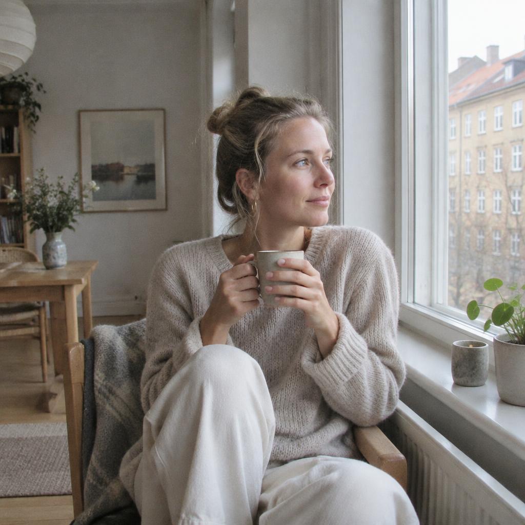 Kvinde sidder roligt ved et vindue med en kop kaffe i dagslys