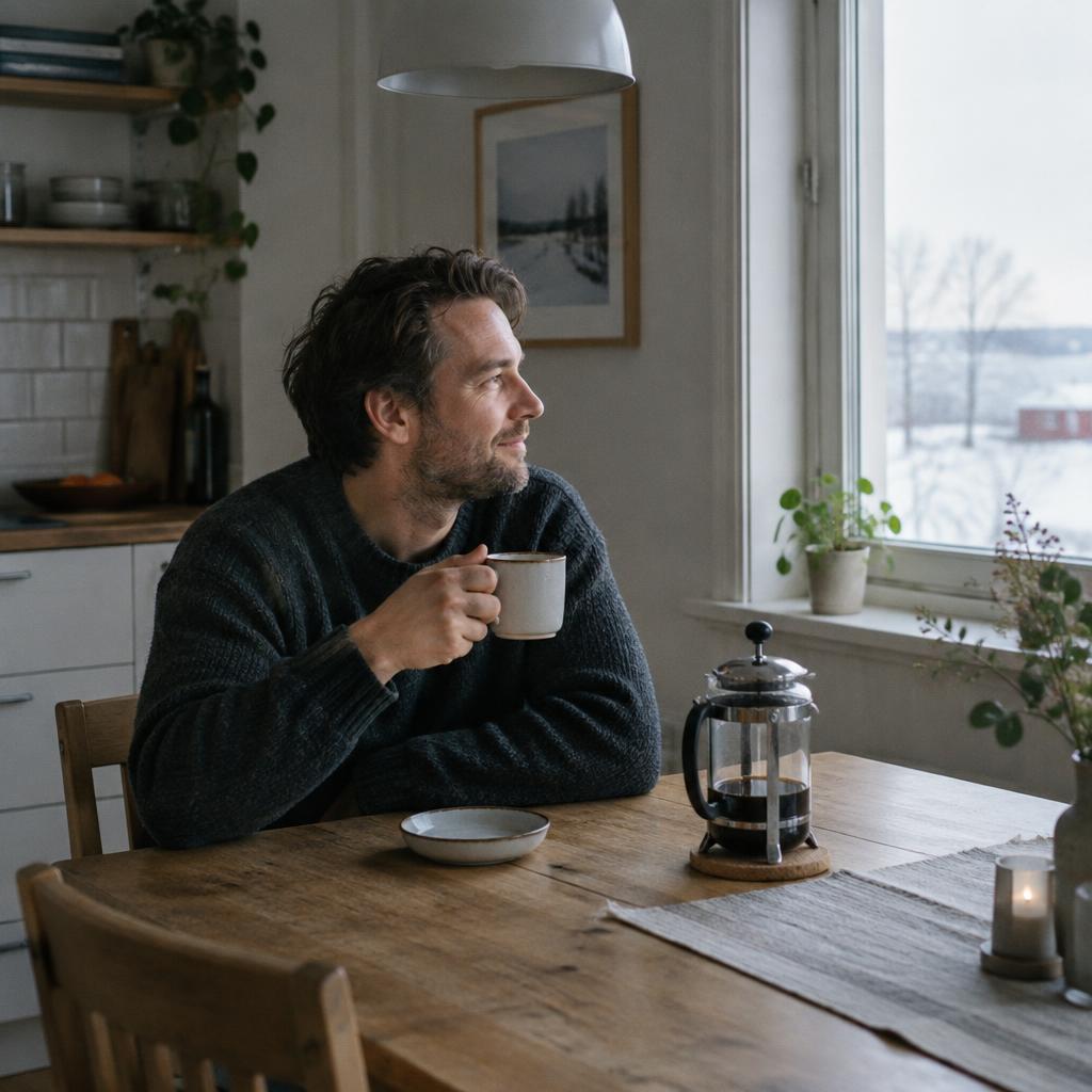 Mand sidder med en kop kaffe ved køkkenbordet i morgenlys