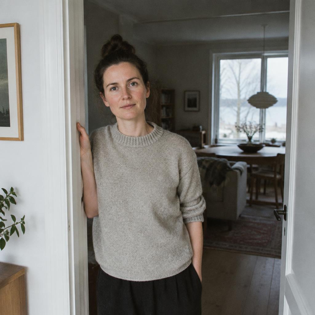 Kvinde står roligt i en døråbning i dagslys