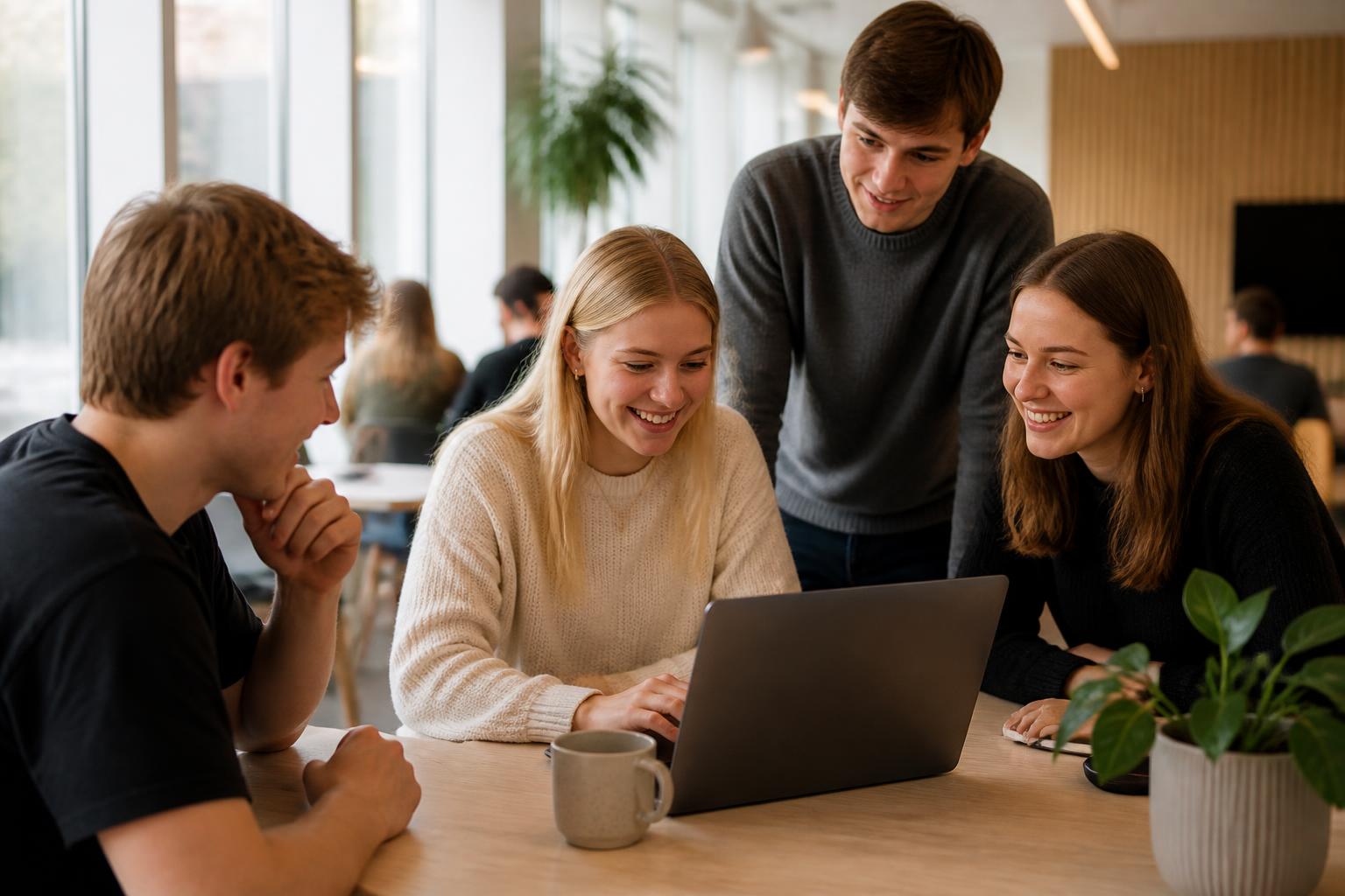 Glade studerende samarbejder om en laptop i et lyst, moderne studiemiljø